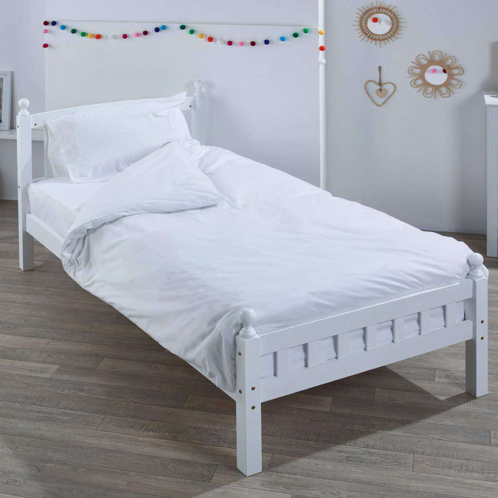 7 Piece White Wooden Single Bed with Plain White Bedding Set Kinder