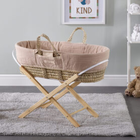 Cinnamon Spice Muslin Palm Moses Basket with Natural Folding Stand