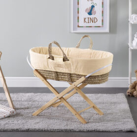 Vanilla Cream Muslin Palm Moses Basket and Natural Folding Stand