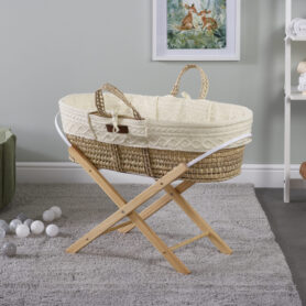 White Knitted Palm Moses Basket and Natural Folding Stand